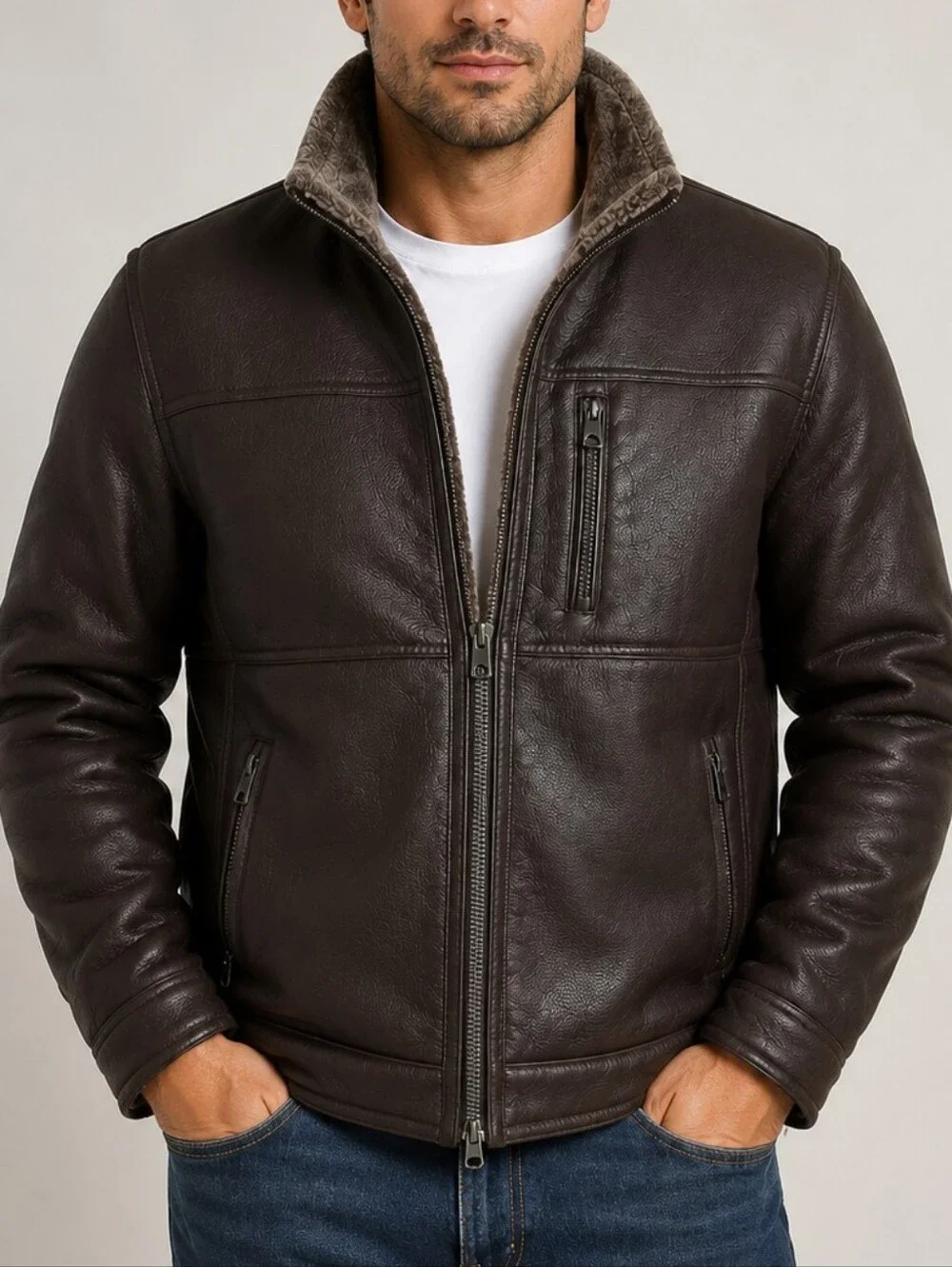BRAND NEW GUESS Los Angeles Men’s XXL Brown Faux Leather Faux Shearling Jacket